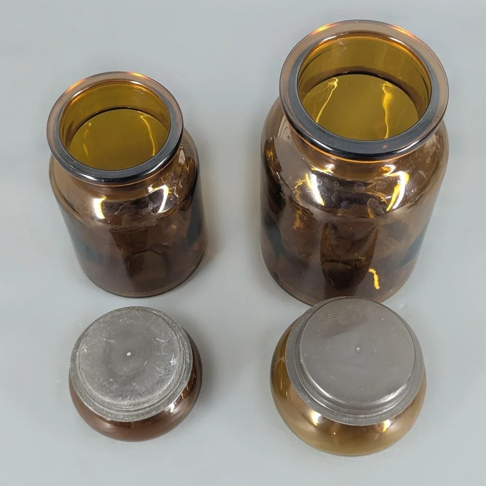 Vintage Amber Glass Apothecary Jar Set Bubble Top Stopper Mid Century Modern